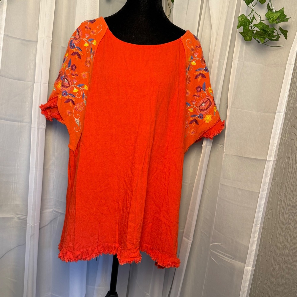 Umgee Plus Orange Embroidered Sleeve Linen Cotton Blend Fringe Hem Top 2XL - Picture 2 of 9